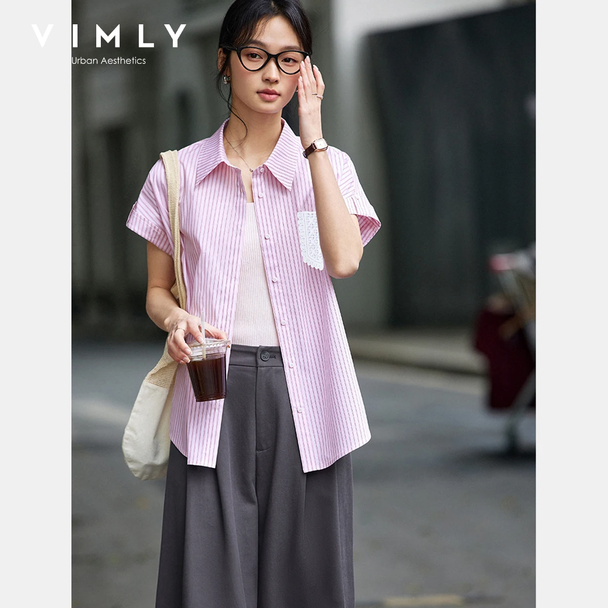 

VIMLY, летняя полосатая рубашка, женская мода 2025 года, повседневная женская рубашка с коротким рукавом и кружевным карманом, женские топы, женская одежда A1119