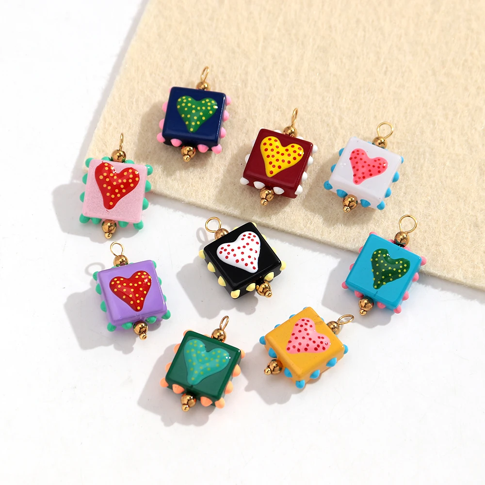 Handmade Lampwork Glass Square Heart Pendants 9 Colors Cute Polka Dot Charms Gold Bail for DIY Necklace Earrings Jewelry 2.8cm