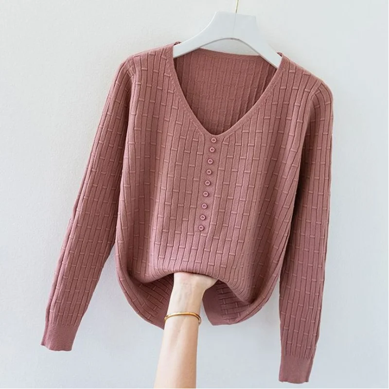 Korean Autumn Winter New Loose Simple Sweater Women\'s V-neck Stripe Contrast Button Patchwork Screw Thread Long Sleeve Knit Top