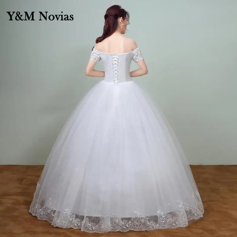 Off Should White Wedding Dress 2025 New Korean Style Lace Appliques vestidos de noiva Boat Neck Bridal Dress Custom pluse size