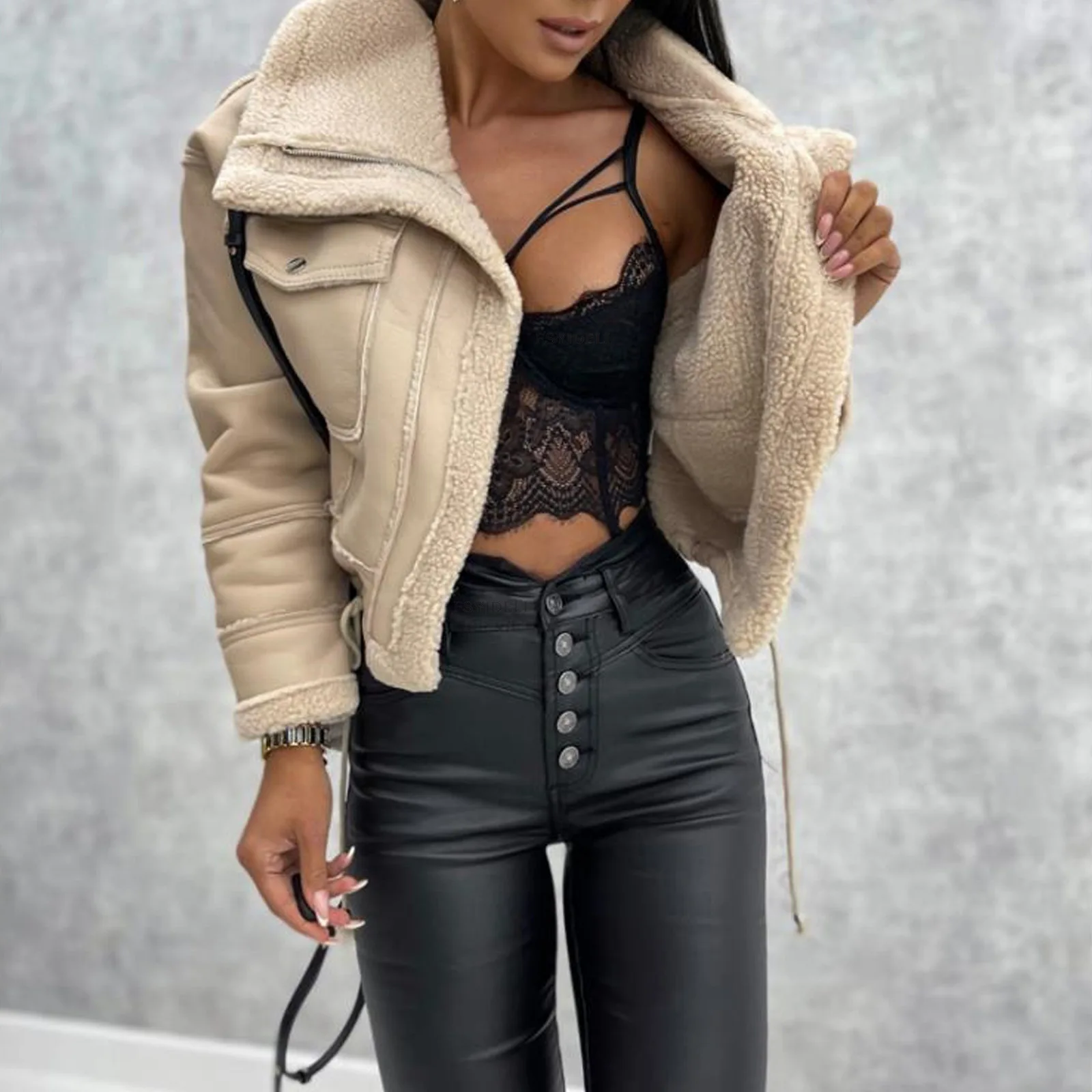 

Autumn Winter Short Lamb Fur Jacket Zipper Motorcycle Style Women's Outerwear Loose Fit Synthetic Leather No Fur Collar