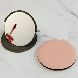 Pu Leather PU Desktop Stand Mirror Solid Color Delicate Circular Folding Makeup Mirror Easy To Carry Round