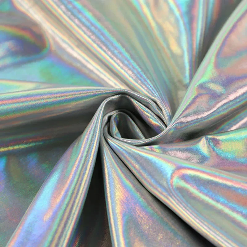 146cm*45cm Shiny Colorful Silver Bronzing Spandex Holographic Fabric Sewing Material Glossy For Costume Dress DIY Stage