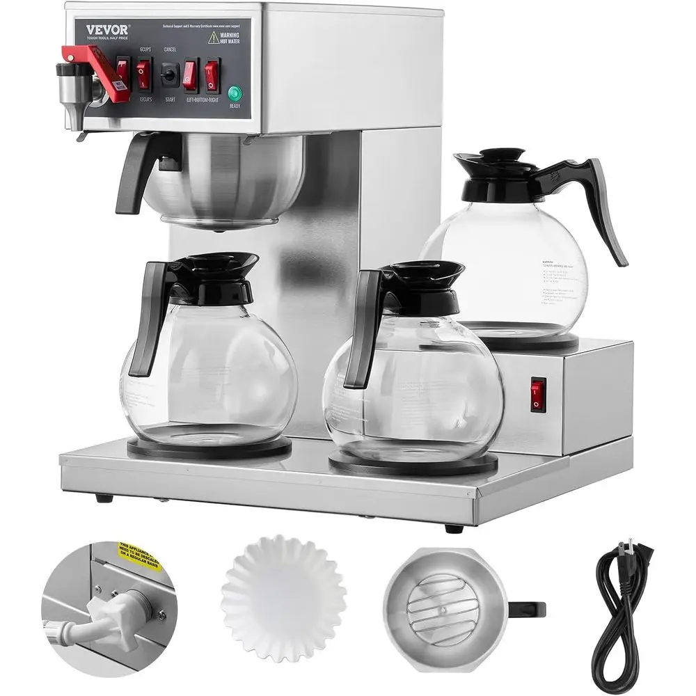 

12-Cup Capacity Automatic Water Coffee Maker with 3 Glass Carafe and 3 Warmer Plates, Stainless Steel Pour Over for Office or Re