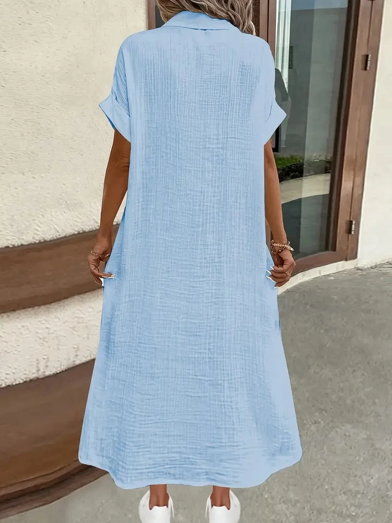 ชุดเดรสเชิ้ตฤดูร้อนลําลองของผู้หญิงปี 2025 ชุดเดรสแขนสั้นสีทึบ