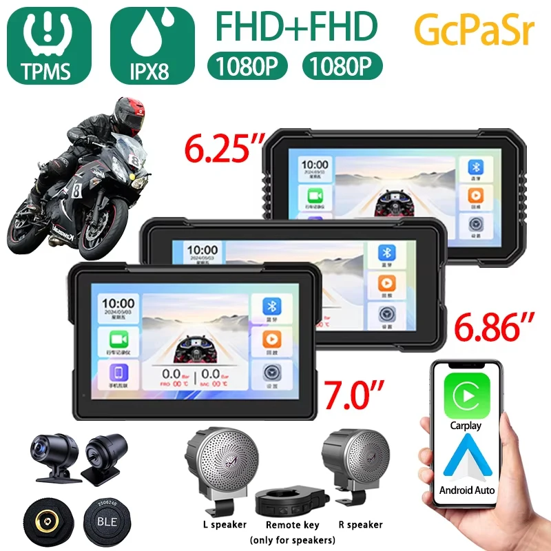 Motorcycle Carplay Water Proof WiFi Wireless Android-Auto DVR Monitor Screen Dash Camera GPS Navigation TPMS Bluetooth