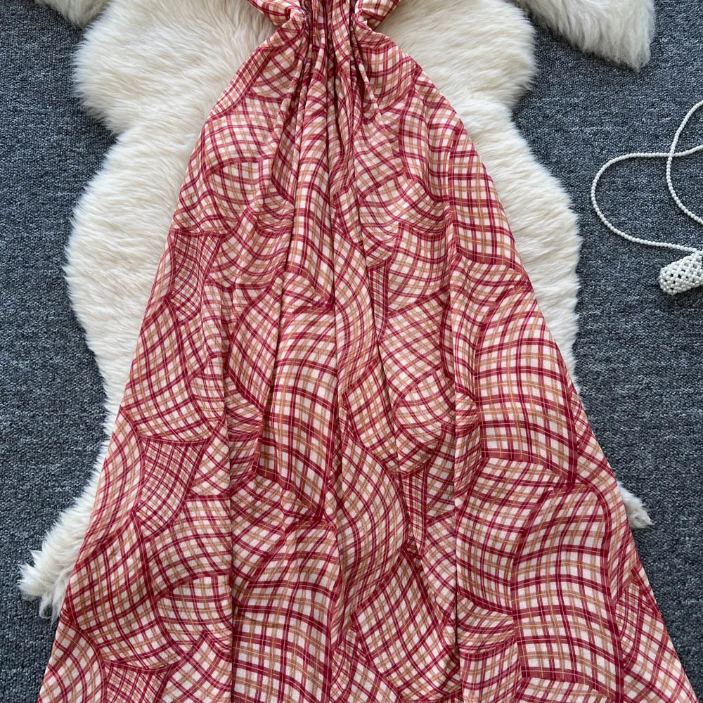 Chic vintage V-neck Plaid backless Ruched Elegant dress Fairy korean fashion Boho Sundress women clothing