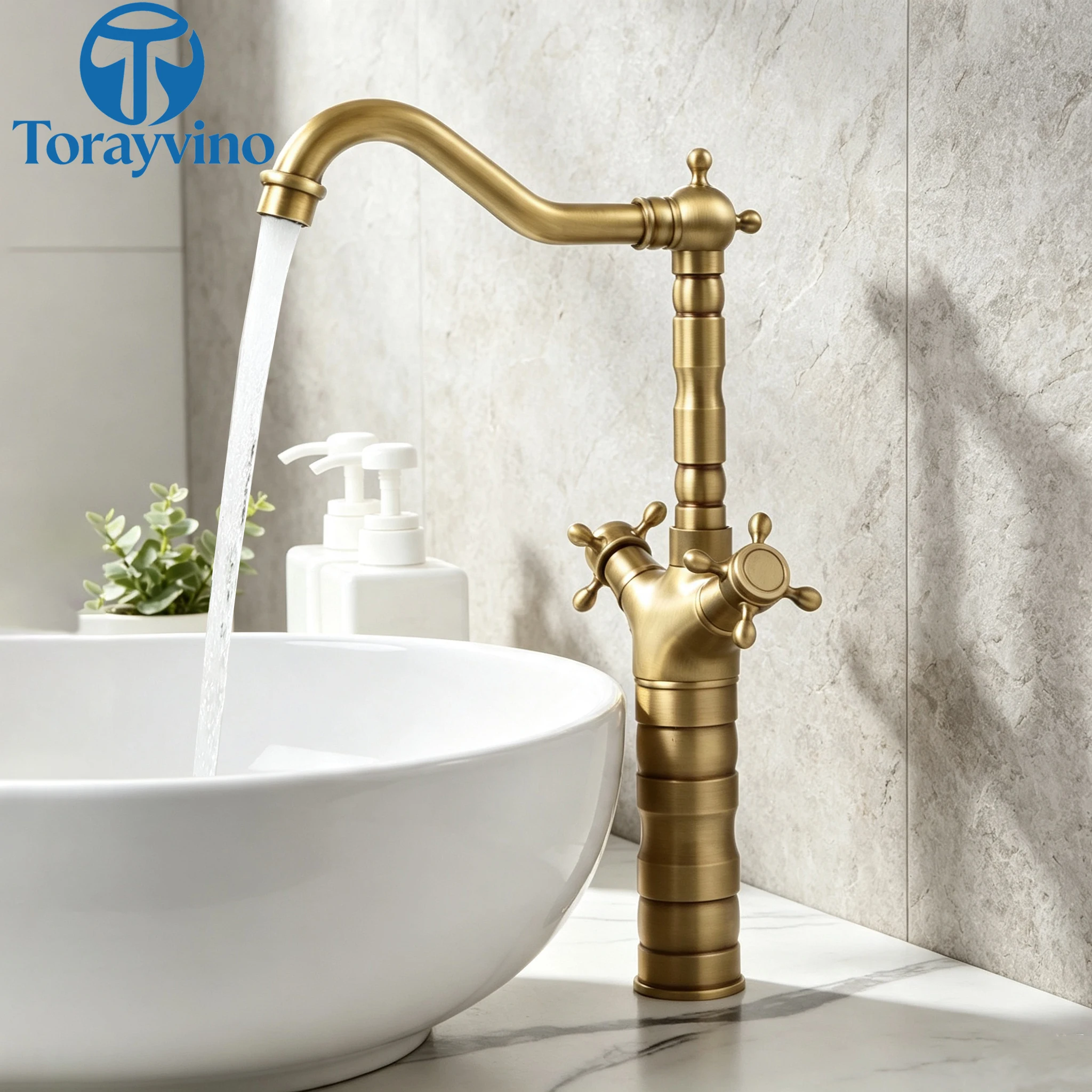 Torayvino Bathroom Basin Ultra-high Antique Double Handle Faucets 360 Swivel Spout Sink Hot Water Faucet Mixer Tap For Kitchen