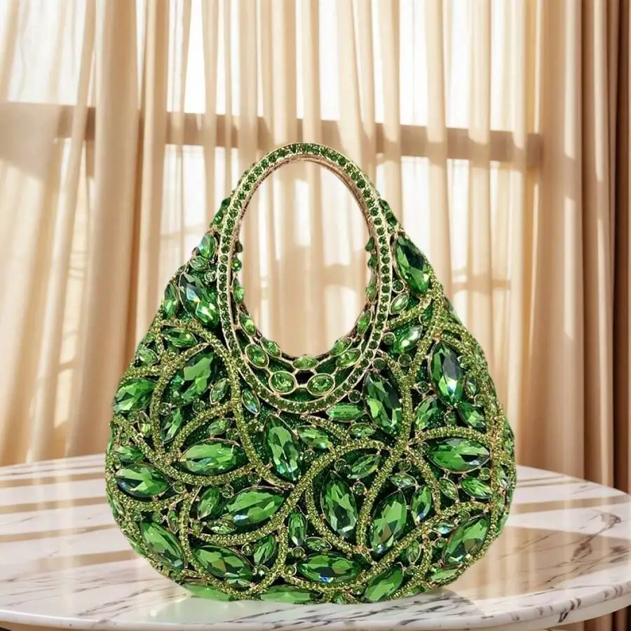 Green Crystal Embellished Top Handle Evening Clutch Bag For Party Wedding Prom