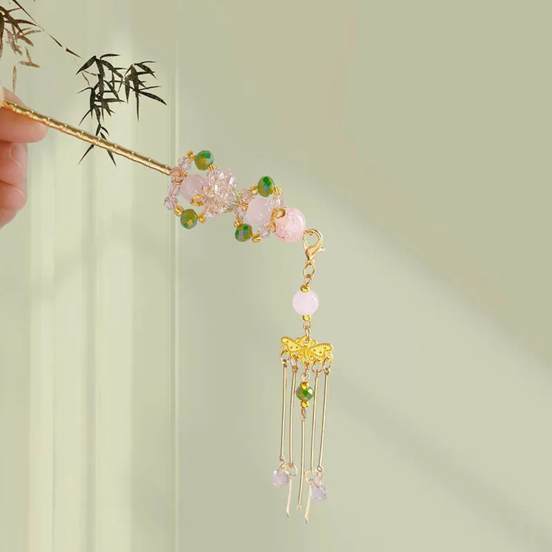 

New Chinese-style colored beaded hairpins for women, ancient-style tassel hair accessories, step hairpins, coiled hairpins