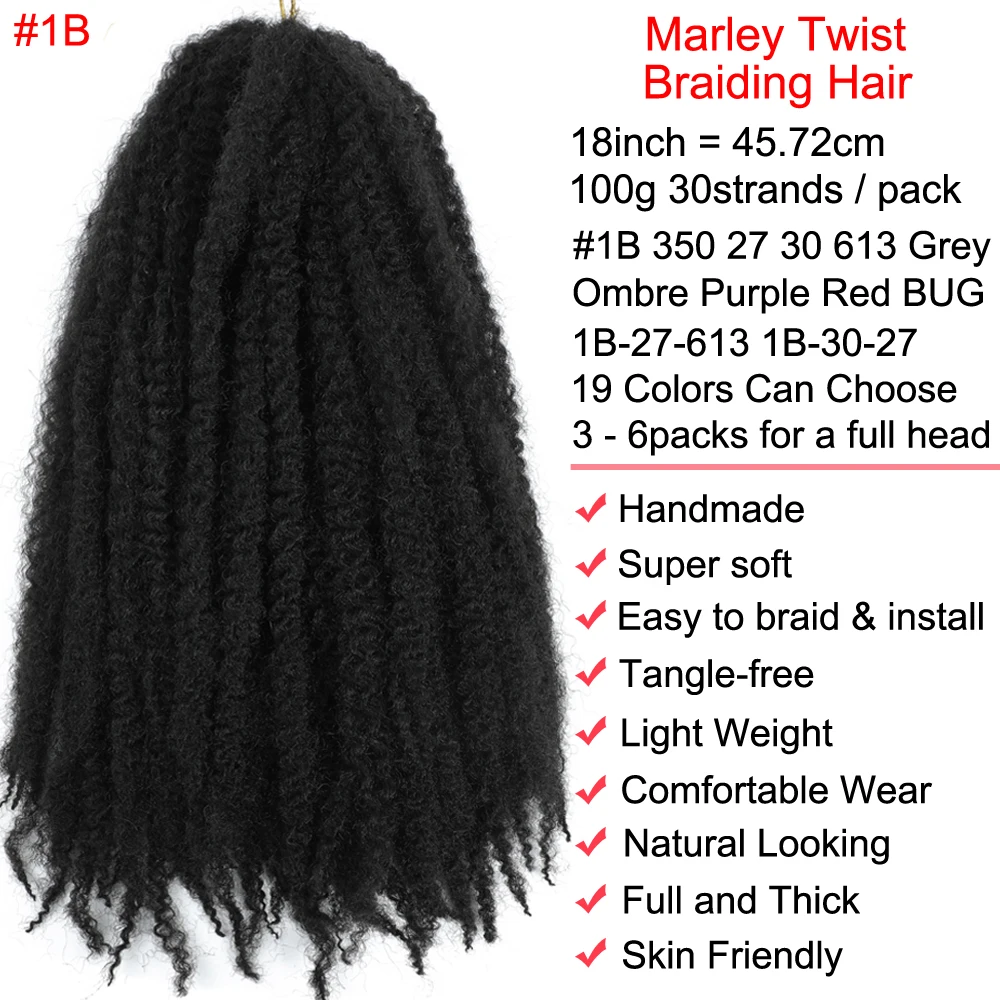 Marley Twists Braiding Hair 18 inch Long Marley Meche Afro Kinky Crochet Braids Hair Extensions 100g 30 Strands/Pack Synthetic