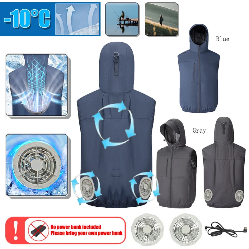 Men's Summer Hooded Vest Cool Vest Wearable Cooling Fan Vest Air-conditioned Clothes Outdoor Sun Protection Work Fishing Vest