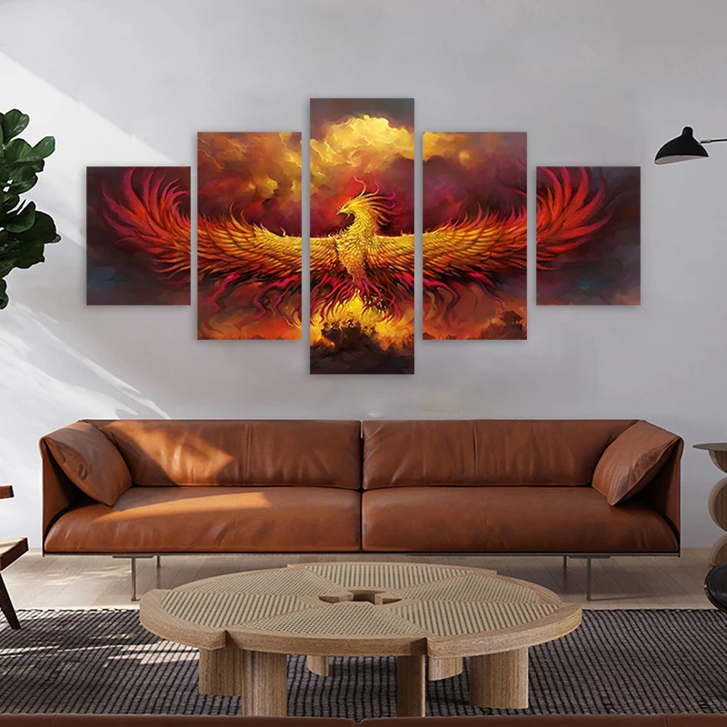 5 Panels Faming Phenix Posters Canvas Prints Abstract Animal Painting Wall Art Pictures for Living Room Home Decoration No Frame