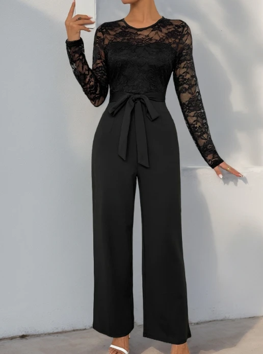 jumpsuit woman 2024 high quality luxury Elegant commuting lace patch zipper high waisted lace up straight leg casual jumpsuit