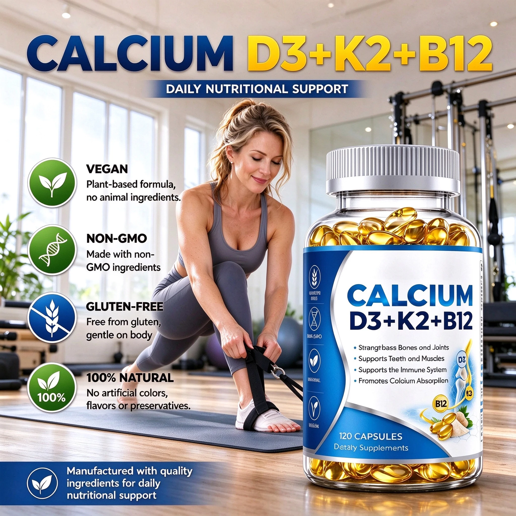 120 Capsules Advanced Calcium D3 K2 B12 Blend Support Bone Wellness Calcium Absorption Immune Health Vegan Daily Supplements