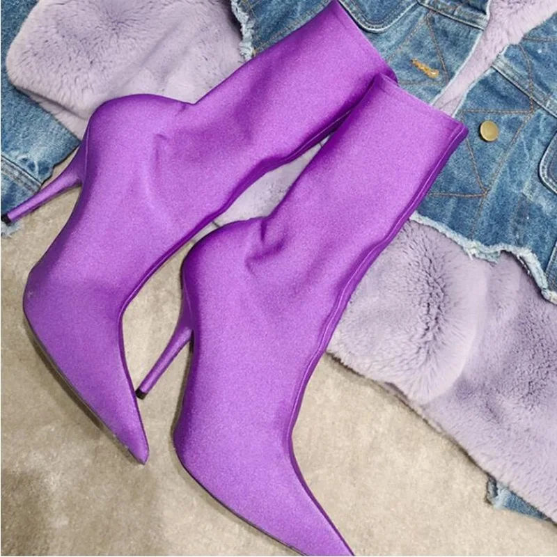 

Sexy Slip On Satin Boots For Women Pointy Toe Cover Heels Spring Autumn Ankle Boots Green Pink Purple Fashion Modern Shoes