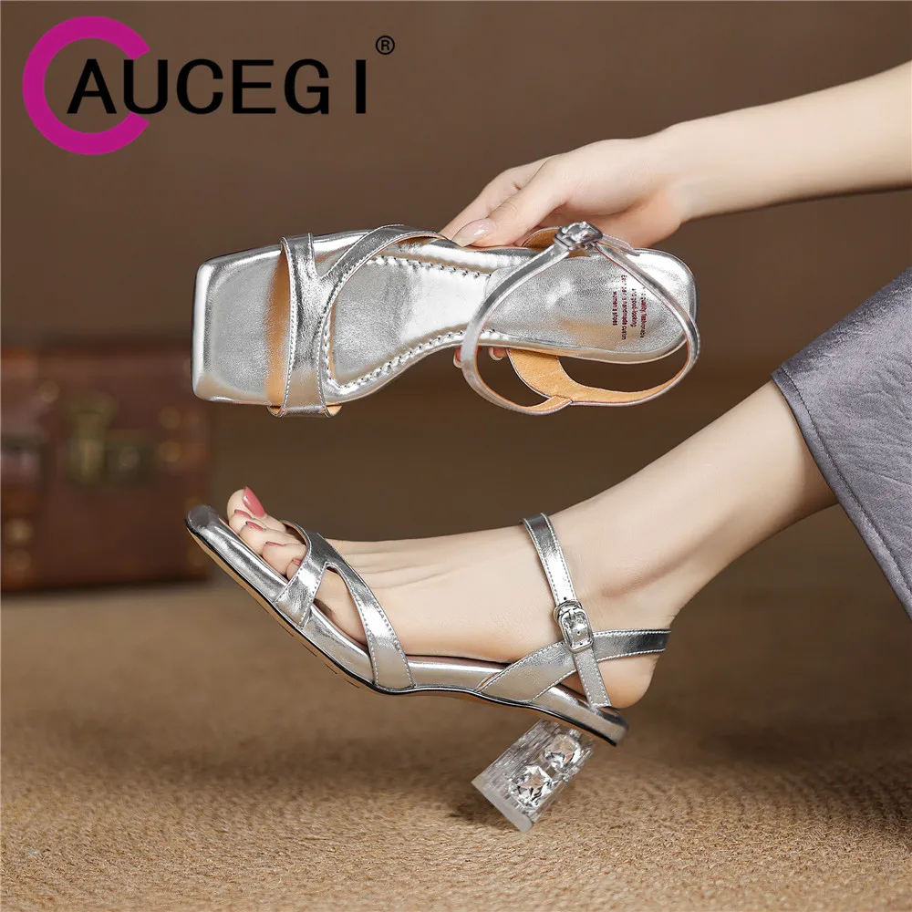 

Aucegi Women Summer Square Open Toed Fashion Clear Thick Heel Gladiator Sandals New Design Luxury Ankle Strap Dress Party Shoes