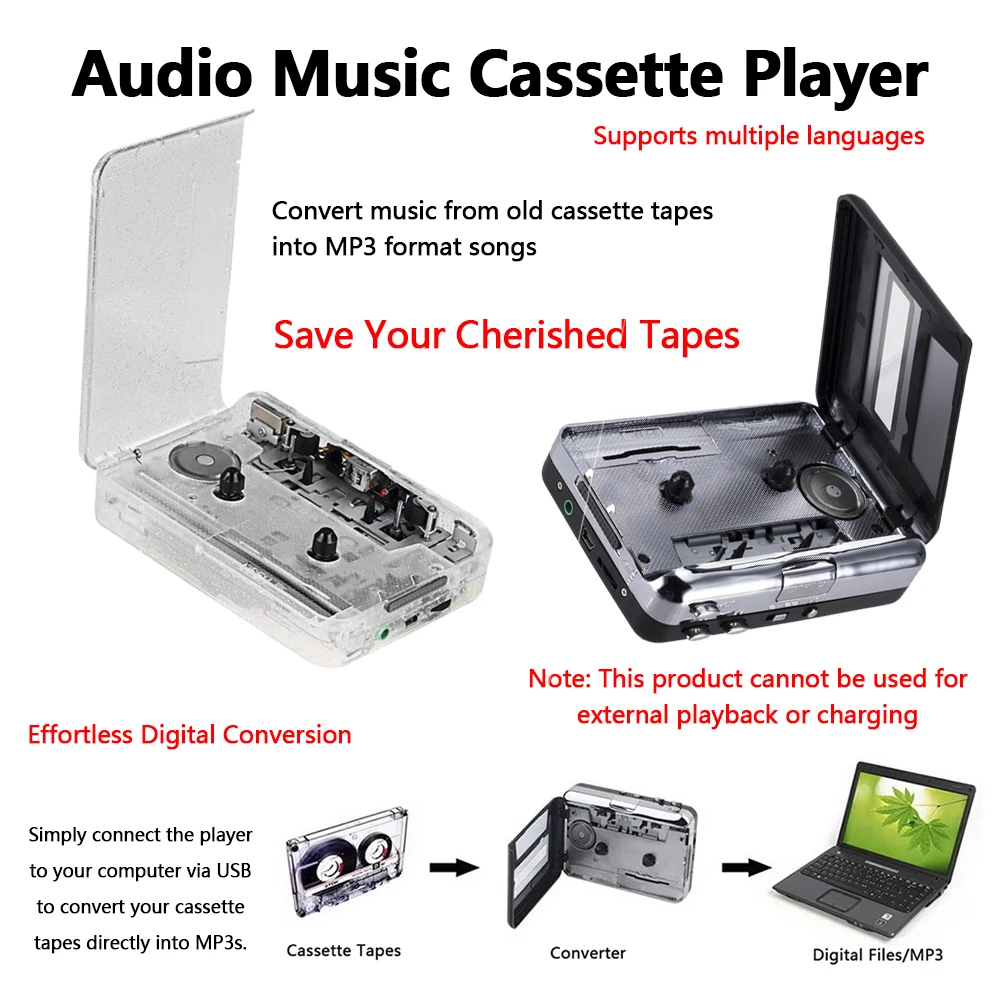 

Classic Style USB Cassette Player & Tape Converter to MP3 Audio for Listening to Old Music & Recordings
