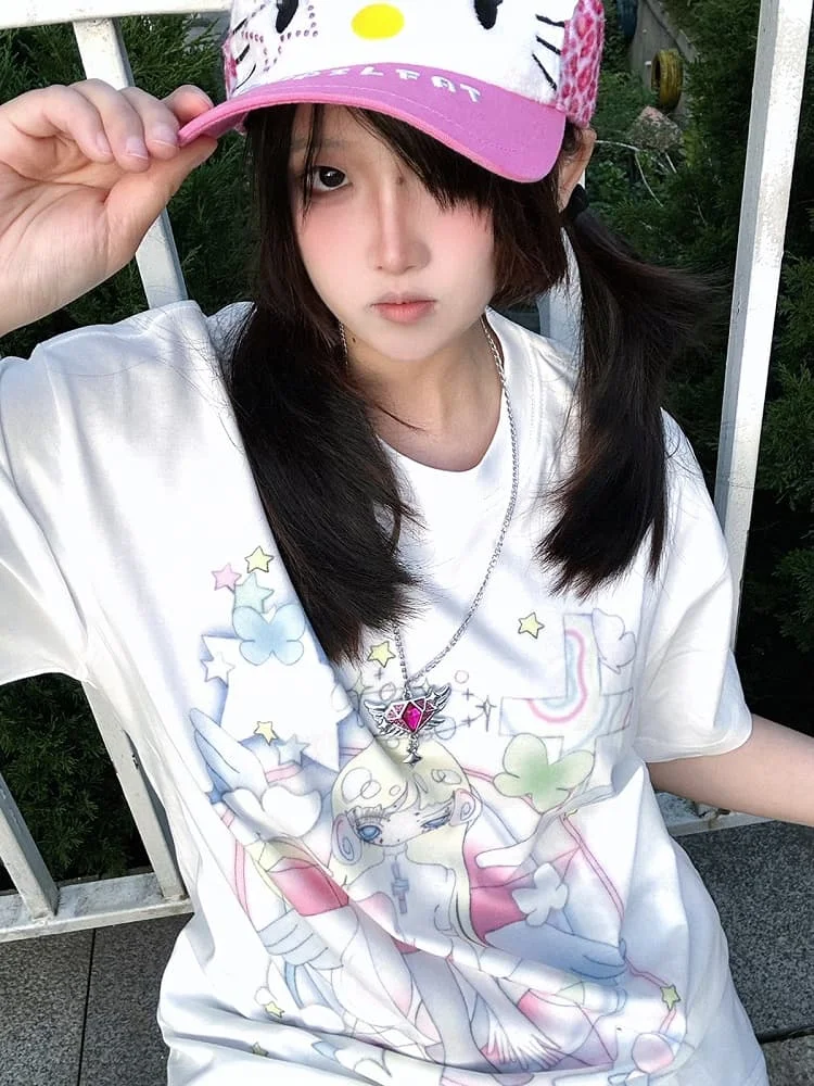Japanese Harajuku Y2K Sweet Cool Angel Girl Printed T-shirt Round Neck Shoulder Loose Women's Street Casual Cute Top