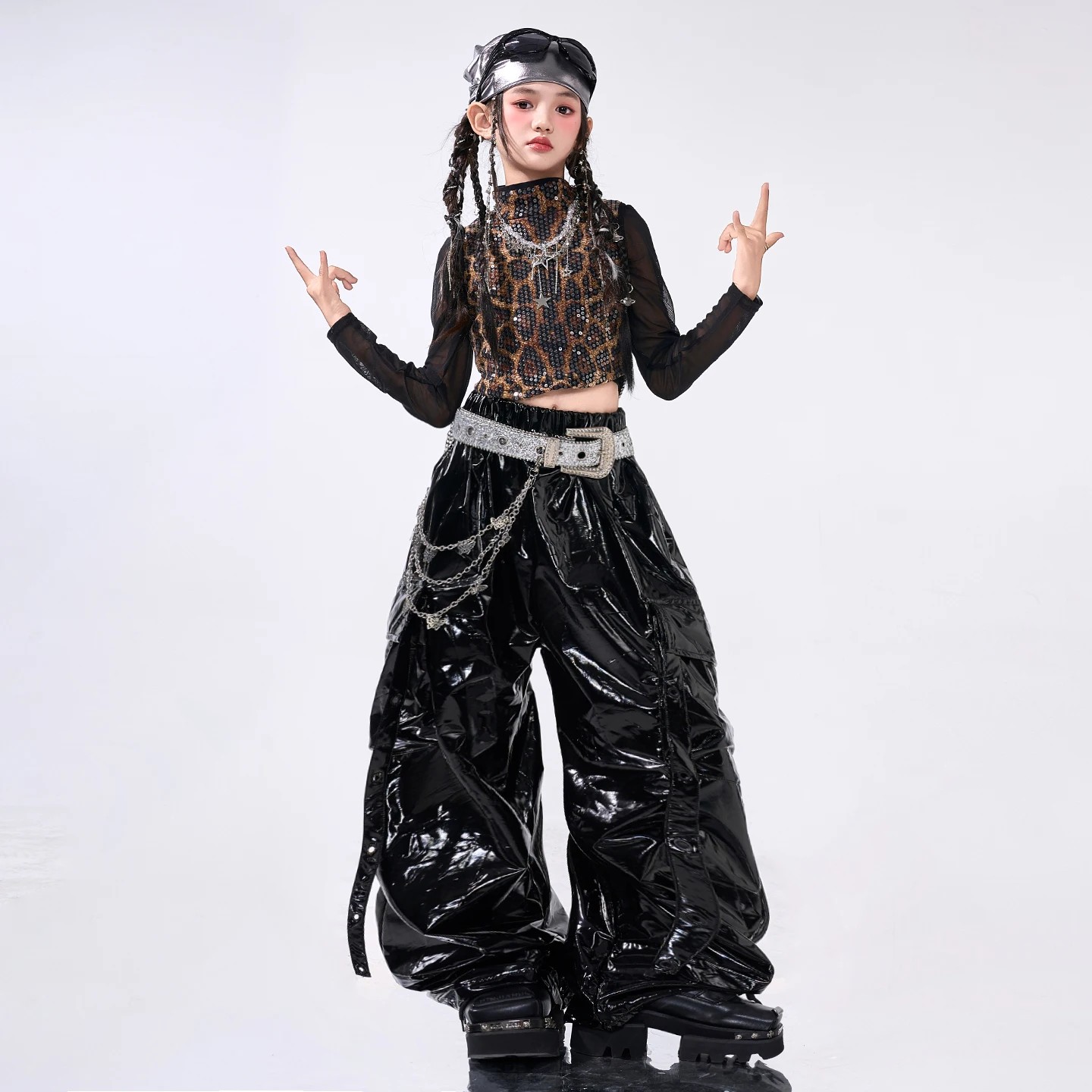 Hip Hop Ragazze Paillettes Crop Top Street Dance PU Pantaloni svasati Bambini K-pop Costumi streetwear Bambini Jazz Girl Gruppo Set di vestiti