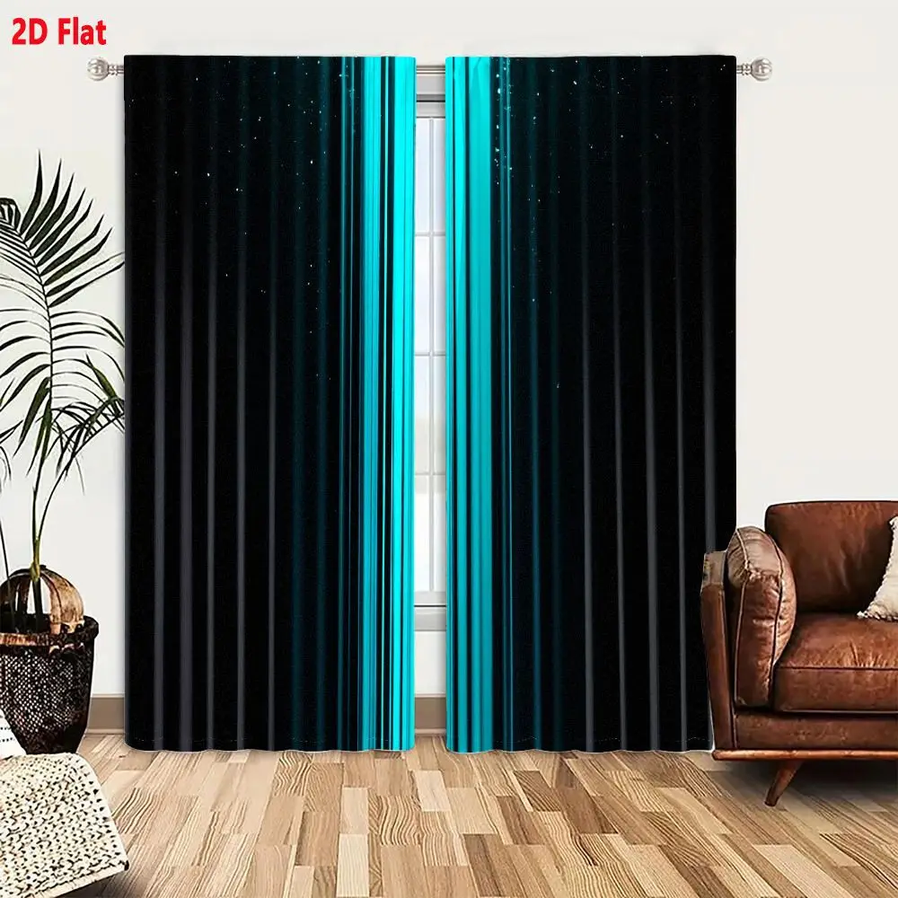 2Pcs Curtains Add 2D Flat Vertical Abstract Digital Design With Bright Cyan Blue Glowing Stripes And Sparkling White Dots On Dee