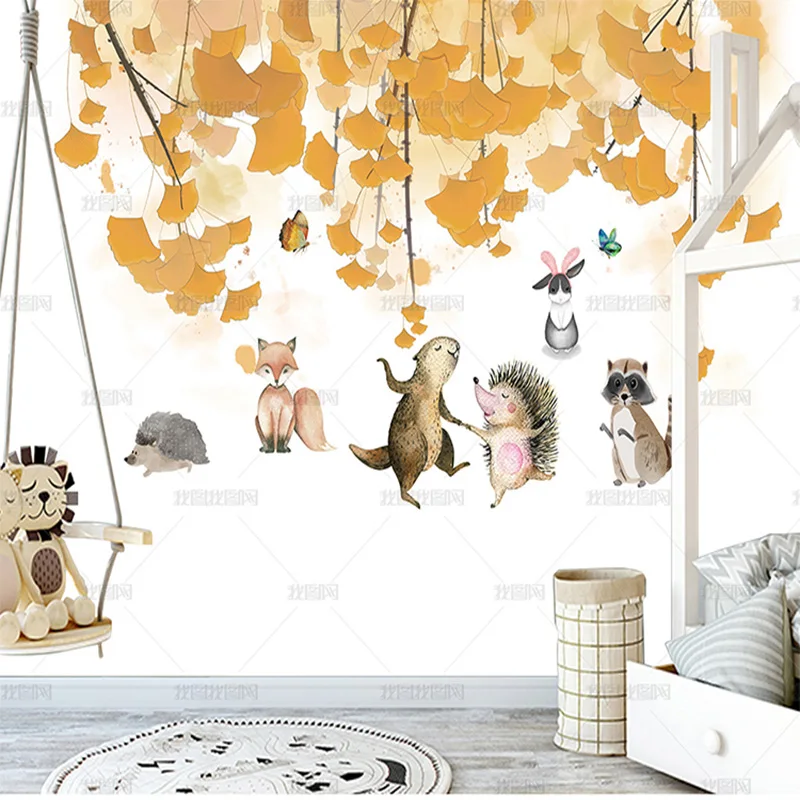 

Пользовательские 3d современные простые обои ручная роспись мультфильм кленовый лист маленькое животное детская комната диван спальня ТВ функция стены 8d