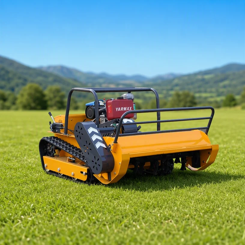 Customized CE EPA Cordless Crawler Remote Controlled Lawn Mower with LED Headlight Self-Propelled for Garden Lawn