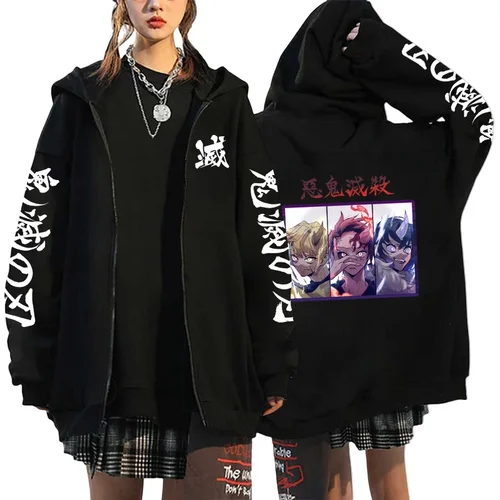 Imagen 2 del producto Sudaderas con capucha de Anime Demon Slayer, sudaderas con capucha, chaquetas con cremallera, Tanjiro Zenitsu Inosuke, gráfico con cremallera, ropa de calle informal de moda