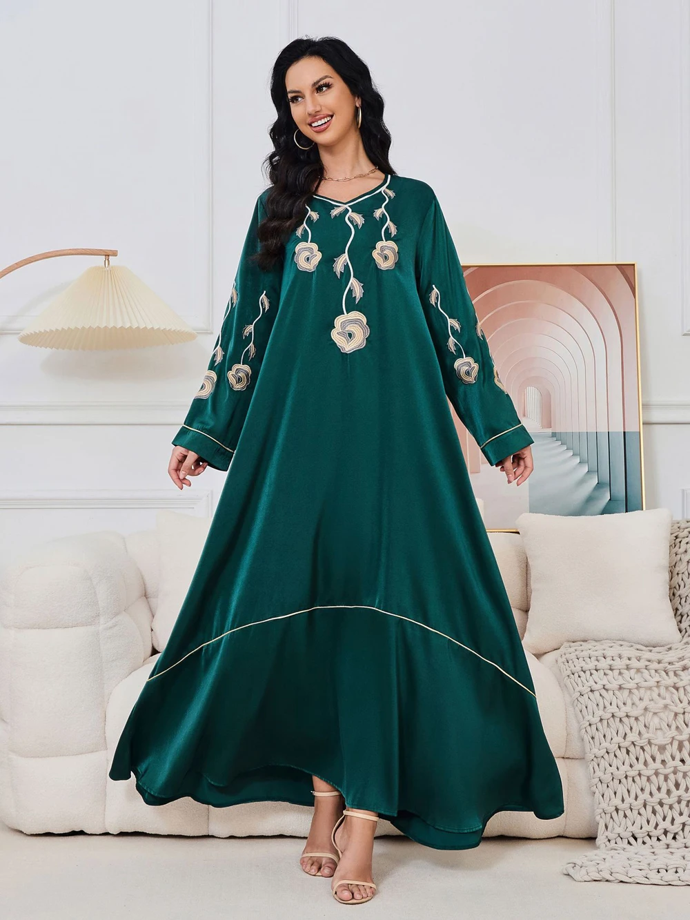 Green Evening Dress Arabic Elegant Gowns Summer Galabia Dresses 2024 Eid Ramadan Clothes For Special Events Satin Turkish Abaya