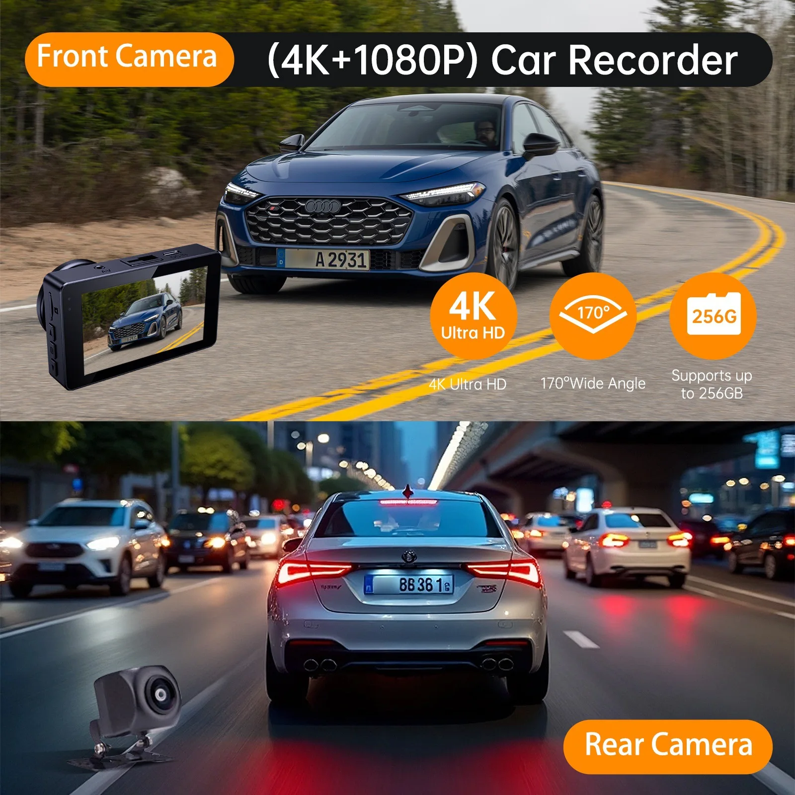 4K UHD Video Recorder Front&Rear Dual Car Dash Cam 3