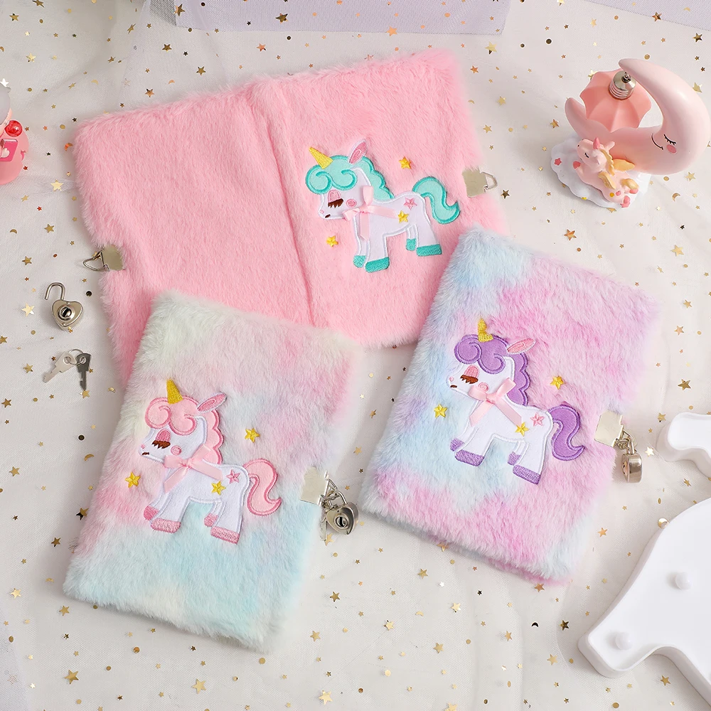 New Unicorn Cartoon Plush Locked Notebook Student Cute Hand Ledger Children\'s Diary Gift Book Stationery Supplies