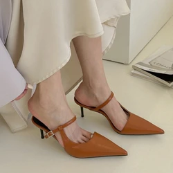Women's Slippers Summer New Mid-heeled Pointed Buckle Baotou Sandals Casual Fashion Temperament Slippers with Fine Heels