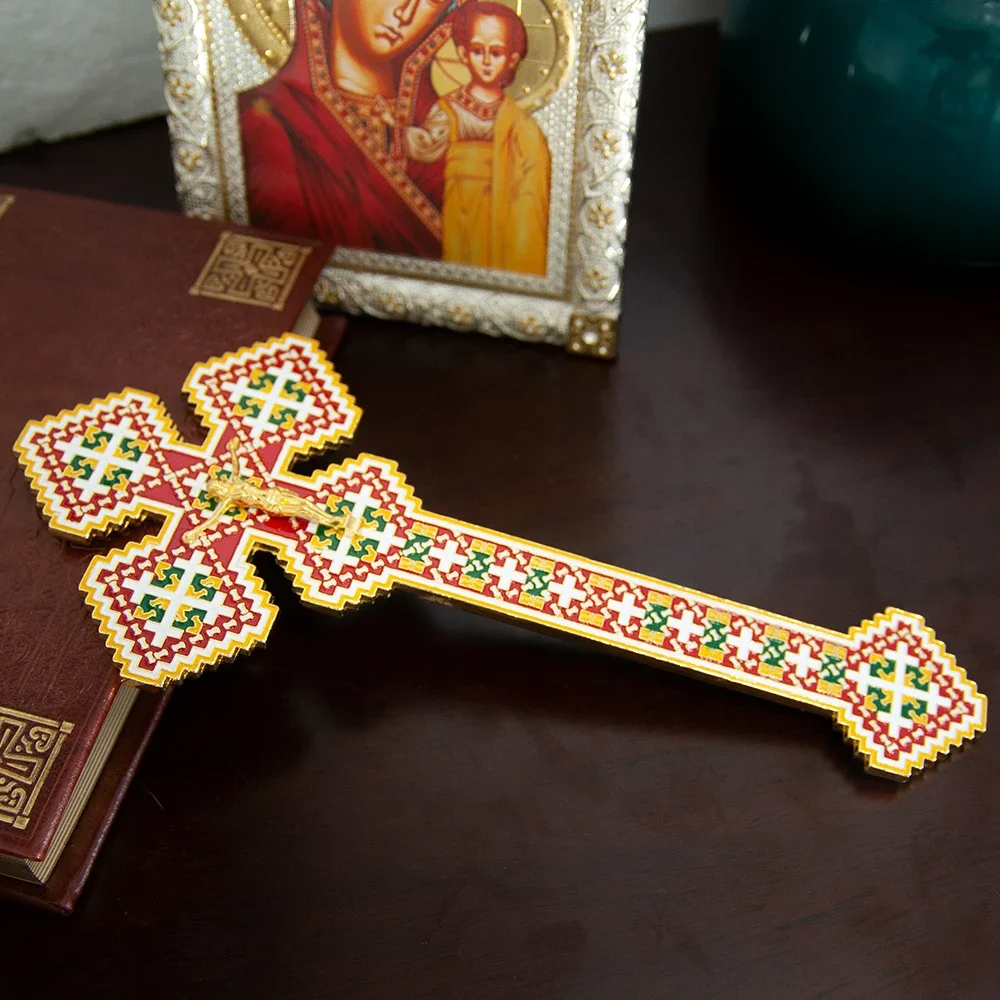 Byzantine Orthodox Gold Plated Blessing Hand Cross Crucifix Red Green Enamel Inlay for Church Clergy Worship Home Altar Gift