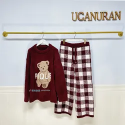 Japan Style Original New Year Teddy Bear Plaid Winter Thick Pajamas Knitted Sweaters Gown Wine Sleepwear Loungewear