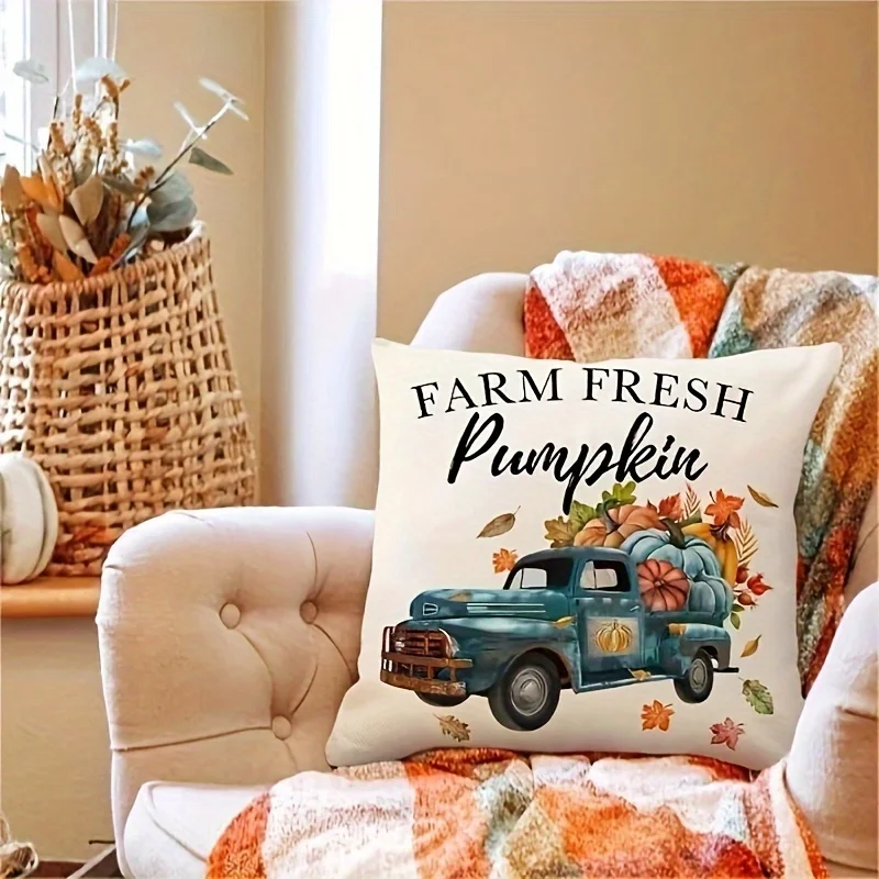 1pc, Linen Pillowcase Thanksgiving Blue Trucks Pumpkin Farmhouse Decorations Thankful Blessed Farm Outdoor  Throw Cushion Case