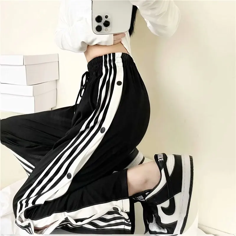 Y2K Style Wide Leg Pants for Women, Straight Trousers, High Street Casual, Loose Side Button Sweatpants, Vintage Streetwear,2021