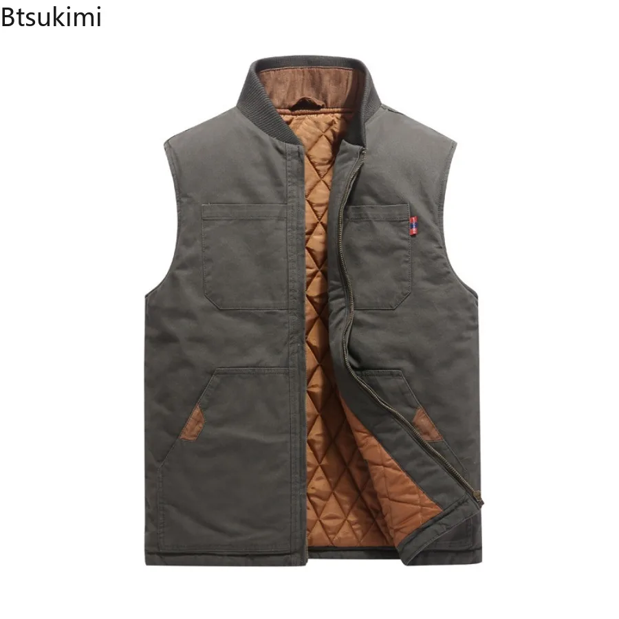New Men's Cotton Thickened Vests Autumn Winter Baseball Neck Zipper Sleeveless Jackets Male Outdoor Casual Padded Waistcoats 6XL