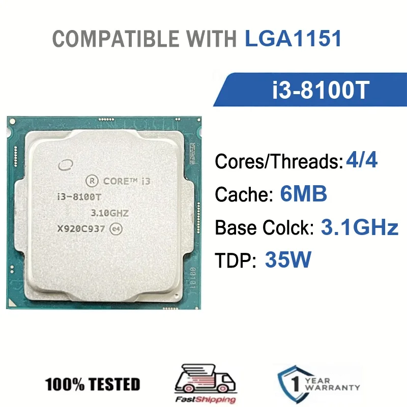 Intel Core i3-8100T 4 núcleos 4 hilos 3,1 GHz 35 W 6 MB de caché 14 nm LGA1151 SR3Y8 DDR4-2400 Mhz Coffee Lake UHD Graphics 630