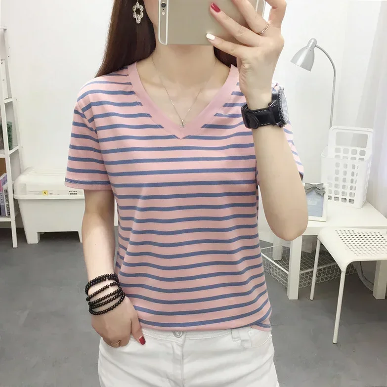 Girls Summer Loose Striped Tshirt Cotton Short Sleeve V-neck T-shirt 5xl Ladies Fat Obese Pink Blue Stripe Tee Shirt Large Size