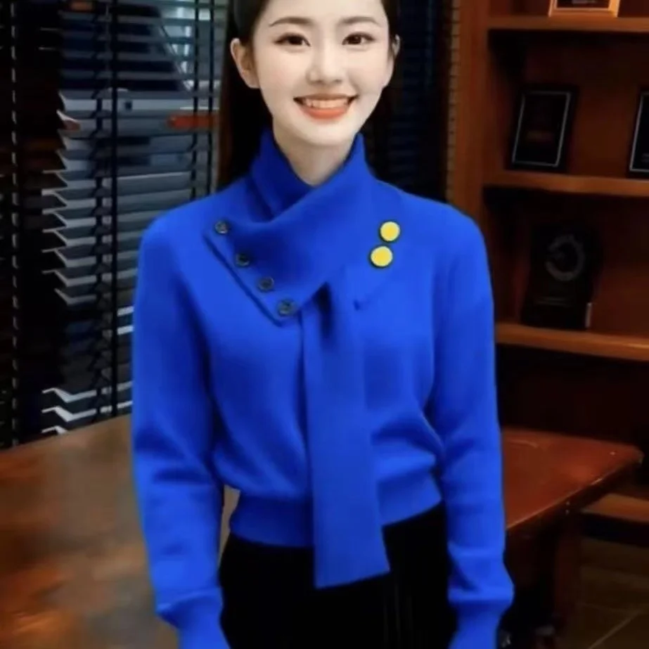 

Синий темпераментный свитер с высоким воротом, женский модный повседневный джемпер, пуловер, топ, съемный шарф