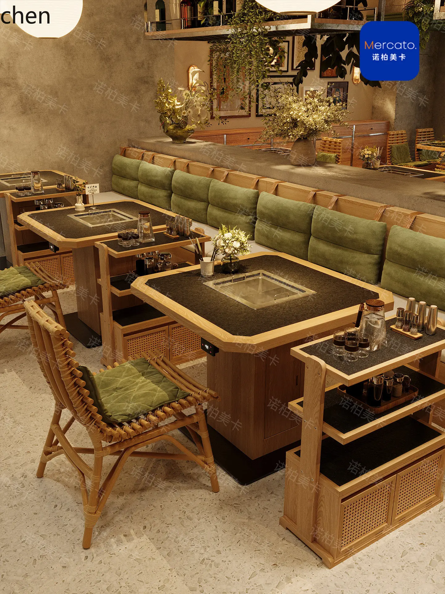 HXL Hot Pot Table with Integrated Induction Cooker for Western Restaurant Commercial Use, Stone and Solid Wood Table