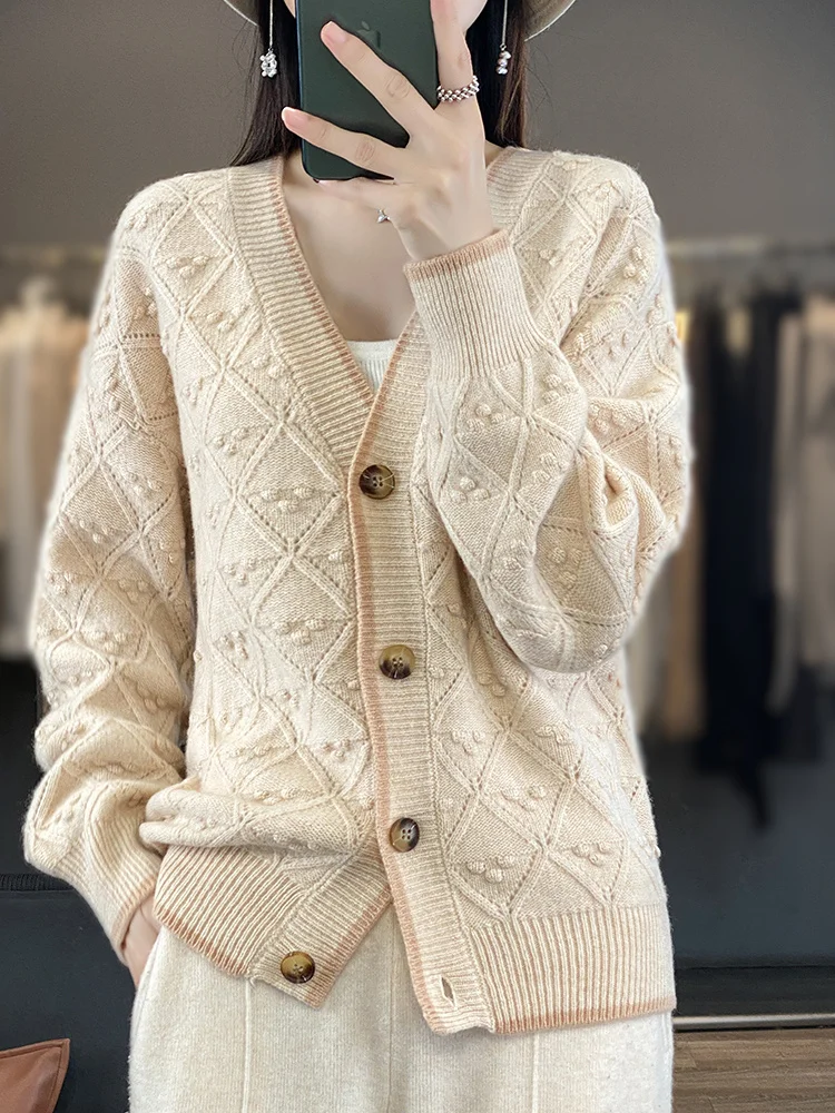 

Addonee Women Sweater Autumn Winter Vintage Style Cardigan Hollow Twist 100% Merino Wool V-neck Long Sleeve Thick Knitwear 2023