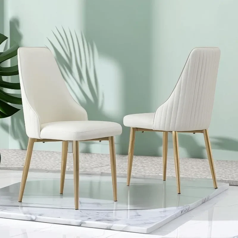 Dining Chairs Set of 2, Modern Cream White Faux Leather with Gold Metal Legs & Ergonomic Backrest for Living Kitchen Dining Room