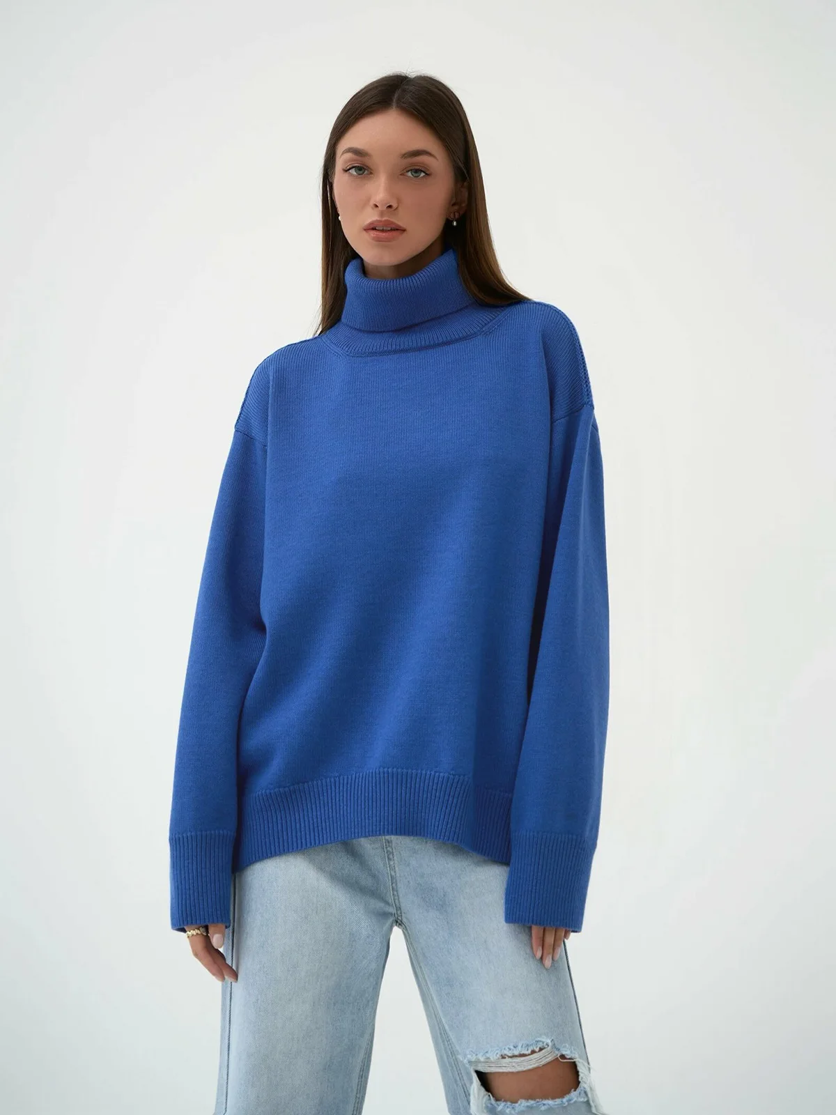 Women's Turtle Neck Knitted Sweater Fall Winter Pullover Long Sleeve Knitted Top Women's Pullover Streetwear Loose Sweaters