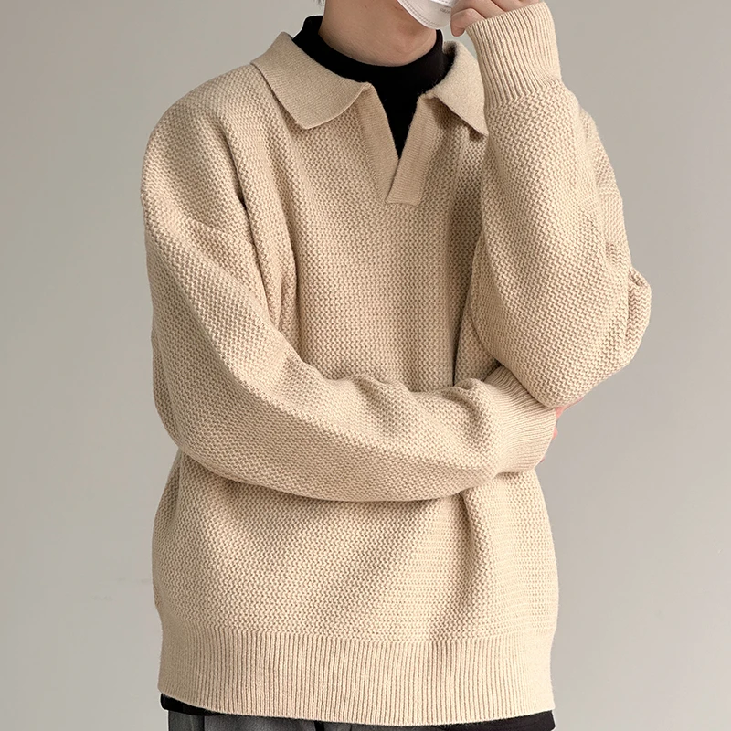 Herbst Winter Koreanischen Stil männer Revers Polo Shirts Pullover Pullover Vintage Lose Innere Layered V-ausschnitt Strickwaren Pullover Jumper – Detail 9