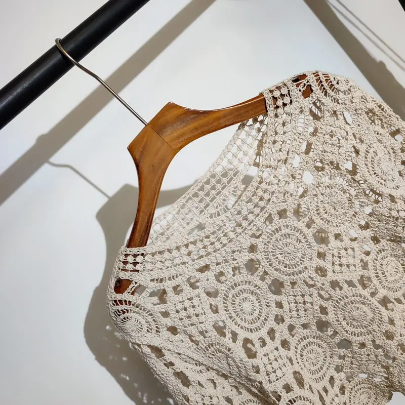 Boring Honey Crocheted Openwork T-Shirt Women's Summer New Loose O-Neck Skirt All-Match Thin With Long Sleeves  Short Tops Women