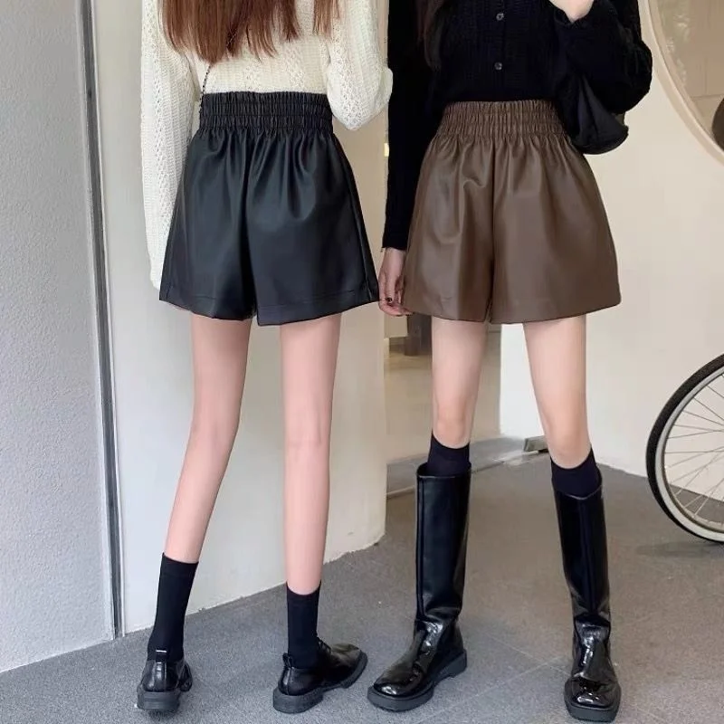 Korean High Waist Thin A-line Leg Shorts Women\'s Casual Loose Pu Leather Pants Clothing Women Pants Summer Shorts