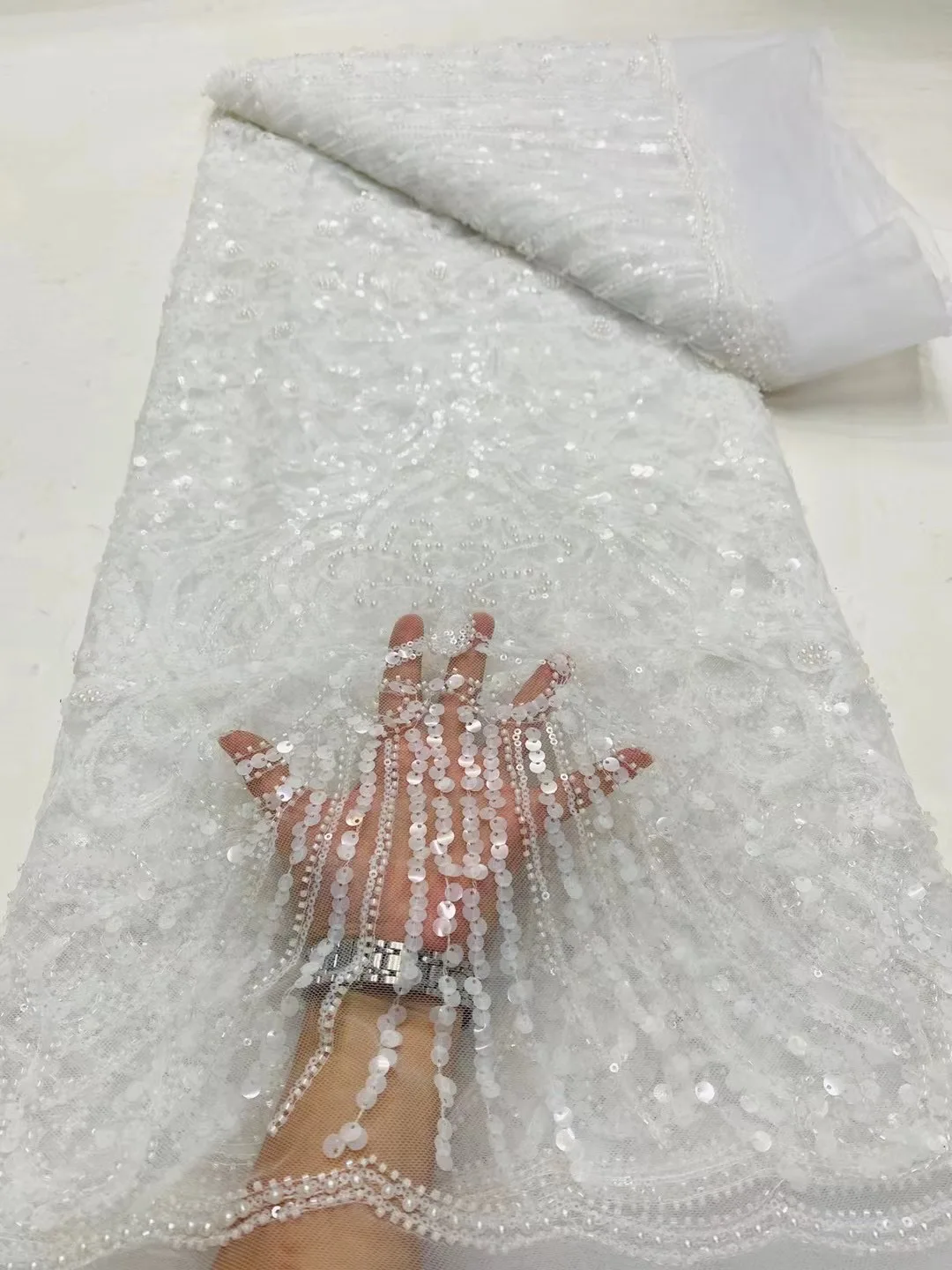 White French Luxury Handmade Wedding Beaded Fabric Sequins Crafts Lace For Wedding Dress Cloth Materials