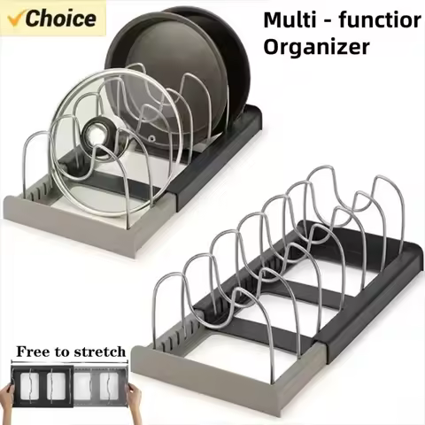 1Pc 7-grid Telescopic Pot Rack,Pans Organizer,Space-saving Cabinet Holder for Pots,Pans and Lids-Keep Your Kitchen Neat and Tidy