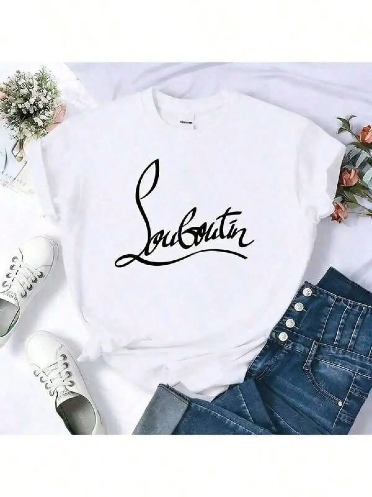 T Shirt Print ,Graphic-Cotton Tees Size Plus,Vintage Louboutin Script Logo Print Graphic Tee, Casual Print Comfortable Versatile, Pure Heavy 220g 100% Cotton, Unisex Style, Designer Inspired Top, For Women,Y2K,Oversized Shirt